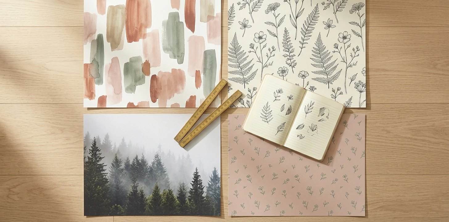 Specialty-tier peel-and-stick wallpaper sample swatches flat-lay — indie-artist watercolor abstract in earth tones, hand-illustrated vintage botanical fern line-drawing on cream, edge of a photographic forest mural with misty pines, Scandinavian micro-print dusty-pink with sage florals — on light oak floor with wooden ruler and open sketch notebook