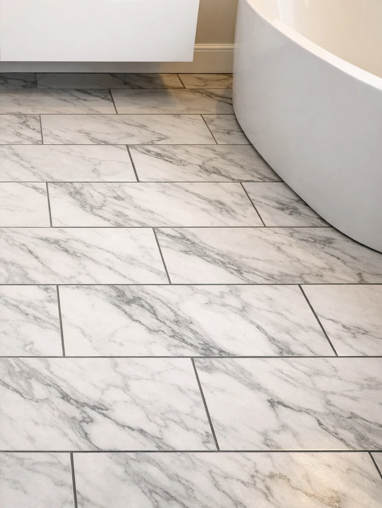 Close-up of a white-and-grey marble-look porcelain tile bathroom floor in an offset brick-lay pattern with thin grey grout lines, meeting a white vanity base and a freestanding tub apron