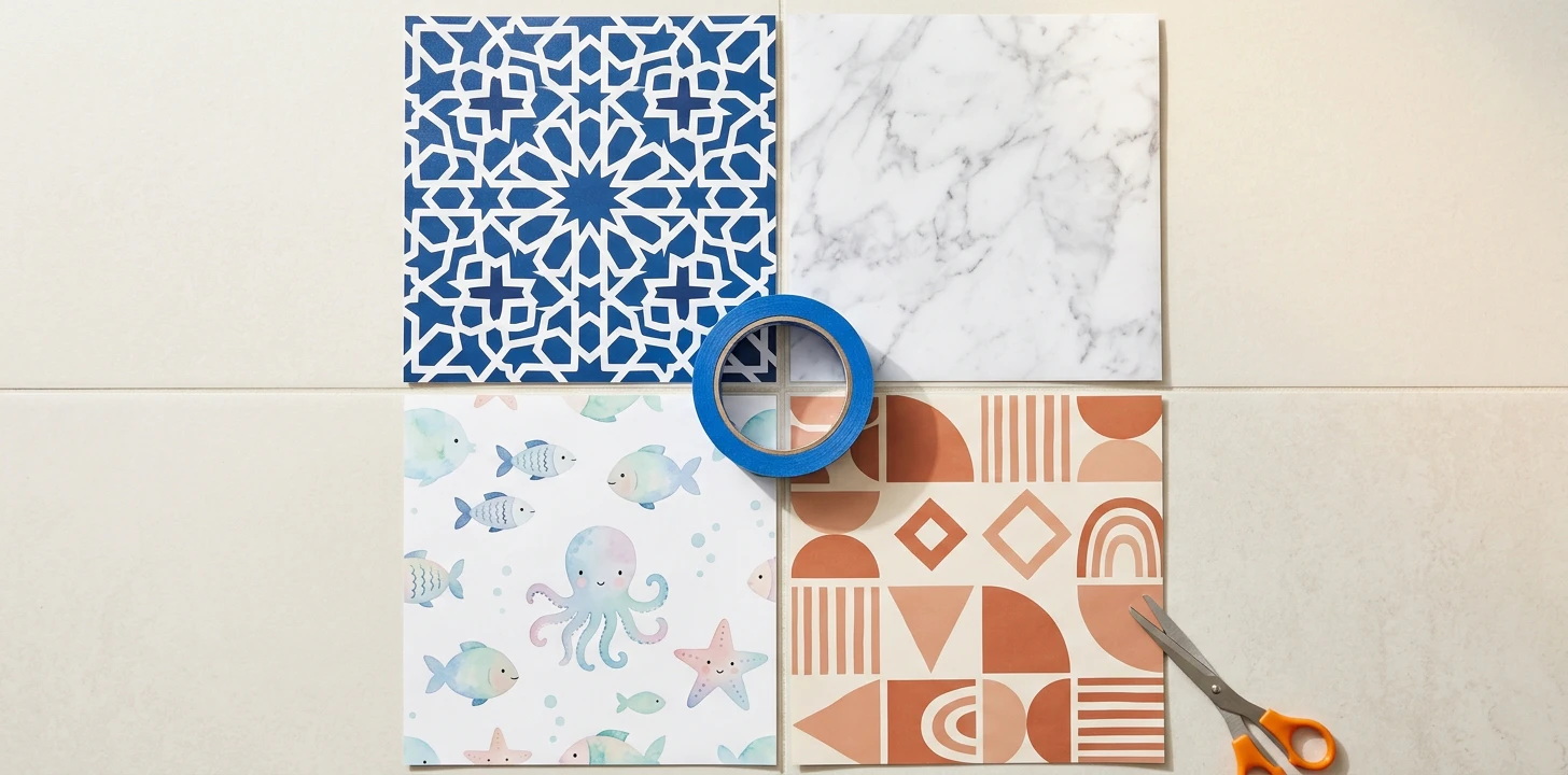 Budget-tier flat-vinyl tile sticker flat-lay in 2x2 grid — deep blue Moroccan geometric with 8-point stars (Stickoo style), Carrara marble veining on white (D-C-Fix legacy German style), pastel watercolor sea creatures with octopus and fish for kids' rooms (RoomMates licensed-character style), and Target boho-neutral terracotta-and-cream geometric pattern (InHome Target curated style) on a cream tile surface with a roll of blue painter's tape in the center and orange scissors at the bottom-right
