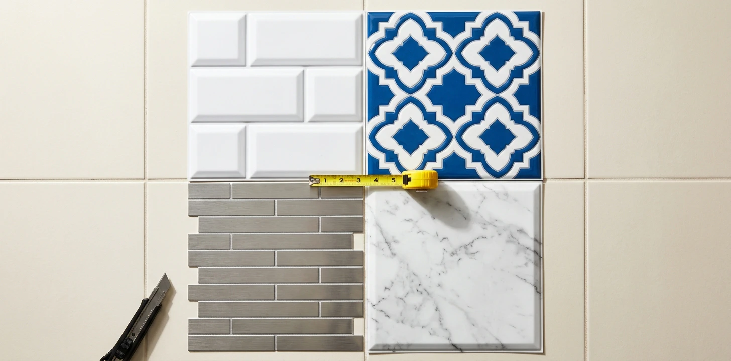 Premium-tier tile sticker flat-lay in 2x2 grid — white 3D gel-effect subway tile with raised beveled edges (Smart Tiles style), glossy gel-effect Moroccan blue-and-white geometric (Tic Tac Tiles style), brushed stainless steel metal subway (Aspect Peel & Stick style real metal), and Carrara marble veining (Art3d gel-effect style) on a cream tile surface with yellow tape measure crossing the center and a black utility knife at the bottom-left