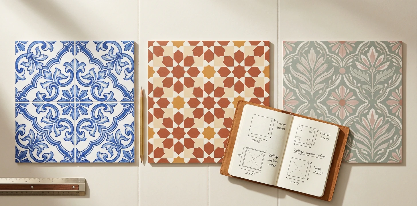 Specialty-tier tile sticker flat-lay of three premium swatches — Portuguese azulejo in classic Lisbon blue and white with floral motifs (Mosaicowall style), refined Moroccan zellige in terracotta-ochre-cream geometric stars (Quadrostyle Australian designer style), and custom hand-illustrated Mediterranean botanical in sage and dusty pink (StickPretty custom-print style) on a cream tile surface with an open leather-bound sketch notebook showing handwritten dimensions