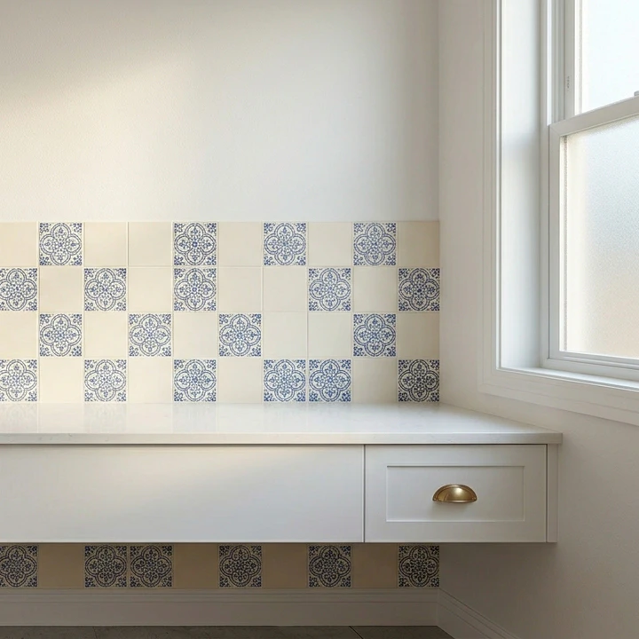 Bathroom backsplash wall covered in patterned blue-and-white Portuguese-style azulejo vinyl tile stickers applied over existing cream-colored 4x4 inch ceramic wall tiles in a checkerboard layout, plain white-painted drywall above the backsplash with no mirror, white floating vanity with quartz top and brushed brass cup pull on a small drawer, frosted window letting in soft daylight from the right, showing how stickers transform dated tile without demolition