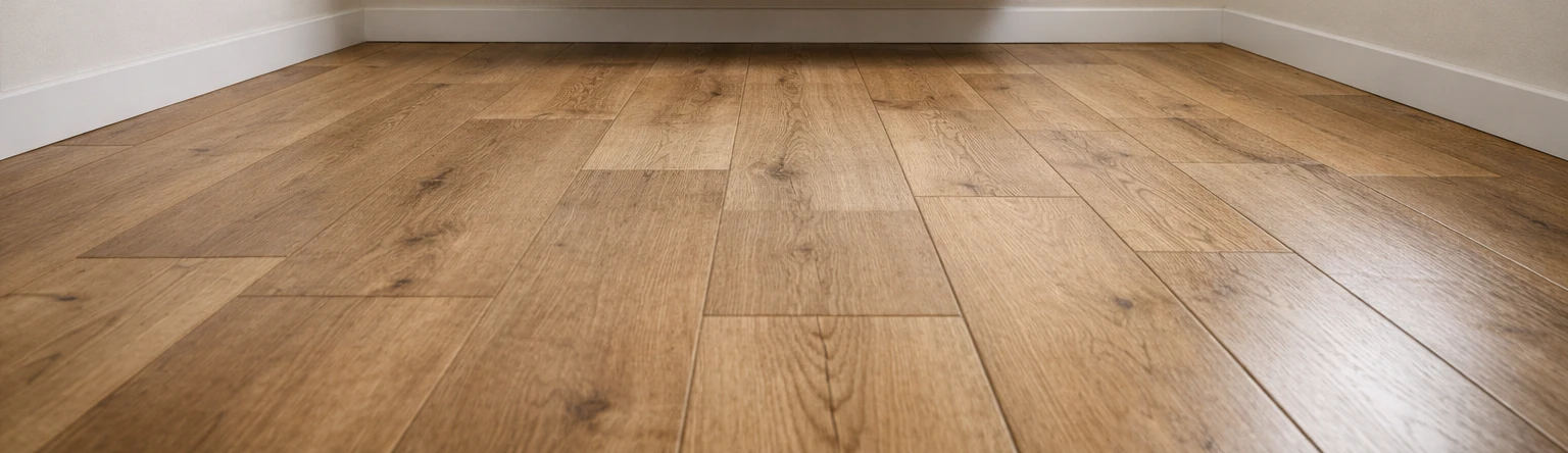 Close-up of warm white-oak luxury vinyl plank bathroom floor with visible click-lock seams and wide-plank wood-look pattern showing the natural grain variation of modern LVP from a low perspective with a thin strip of white baseboard at the top