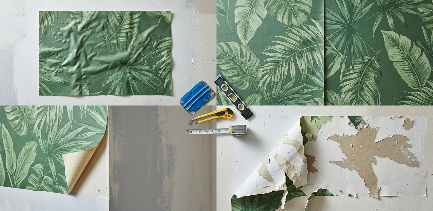Editorial flat-lay of four peel-and-stick wallpaper failure modes — top-left a botanical wallpaper panel with trapped air bubbles and wrinkles, top-right two panels with a mismatched pattern at the seam, bottom-left a corner lifting and curling away from the wall, bottom-right a strip peeled back taking paint and drywall paper with it — with a plastic smoothing tool, a level, a snap-blade knife and a tape measure in the center