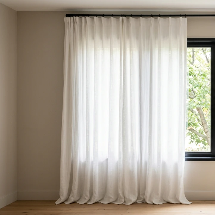 White linen floor-to-ceiling curtain panel hanging from a slim black rod mounted high near the ceiling with slight puddle at the wood floor, neutral warm wall behind, showing the fabric-warmth visual height approach to window dressing
