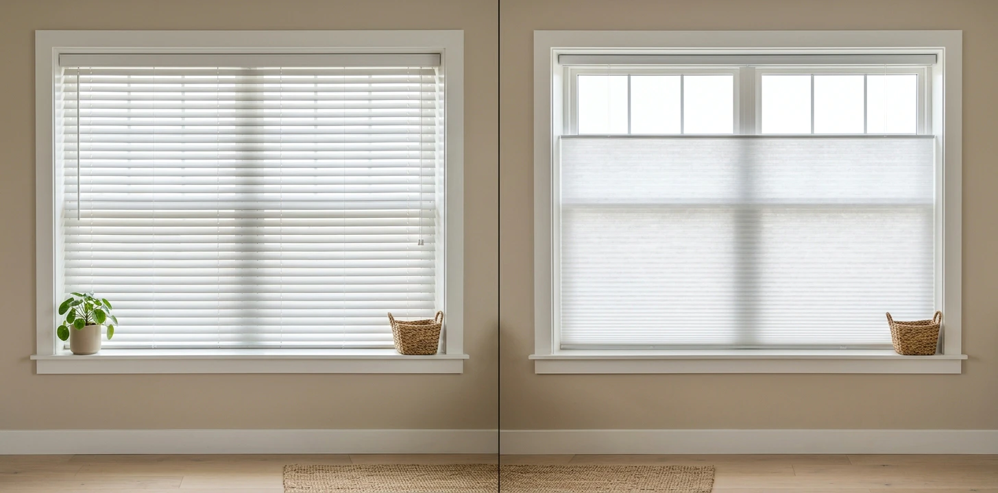 Two adjacent residential windows shown side-by-side for direct comparison — left window has white 2-inch faux-wood horizontal blinds with slats tilted slightly open showing the slat-tilt mechanism with soft daylight passing through, right window has a single-piece white double-cell cellular honeycomb shade lowered half-way down the window exposing the upper glass and showing the accordion-fold texture below, both windows have identical white-painted frames mounted on beige walls, a small green leafy plant in a white ceramic pot on the left window sill and a small woven catch-all basket on each side, pale wood floor below with a natural-fiber jute rug spanning the bottom of both windows