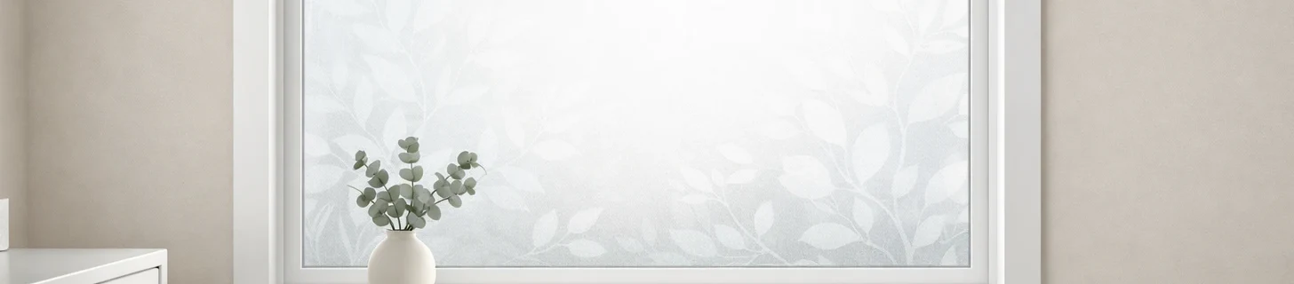 Close-up of a frosted decorative window film with a subtle botanical leaf pattern visible across the surface, soft daylight passing through as a hazy white glow with no visibility through to the outside, white-painted window frame and sill, a small ceramic vase with eucalyptus branches sitting on the sill below the window, partial view of a white floating dresser corner on the left edge of the frame, beige walls