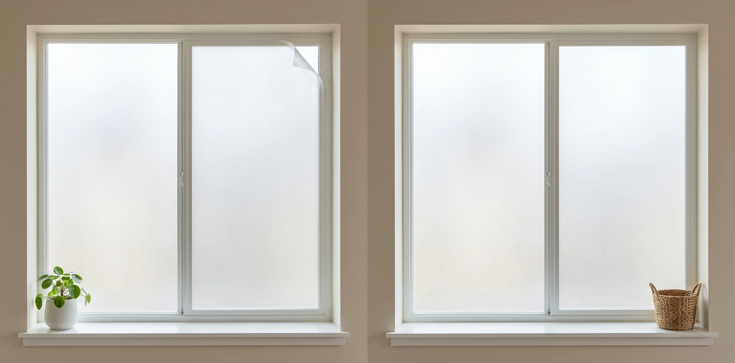 Two adjacent residential casement windows shown side-by-side for direct comparison — left window has frosted static-cling privacy film applied with a visible peeling corner starting at the upper-right of the right pane (the classic edge-curl failure mode that develops within 1-2 years), right window has the same frosted privacy pattern applied as a permanent adhesive film with crisp clean edges and no curling, both windows show soft daylight passing through as a hazy white glow with no visibility through, small green leafy plant in a white ceramic pot on the left window sill and a small woven catch-all basket on the right window sill, beige walls between and around the windows