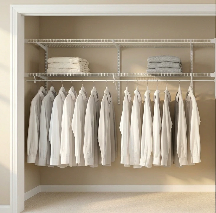 Reach-in closet with white-coated wire shelving showing two open wire shelves above a wire hanging rod, neatly hung white and light-grey button-up shirts in even spacing with folded cream and grey sweaters stacked on the upper wire shelves, beige back wall and pale carpet floor visible through the 1-inch airflow gaps between the wire rungs that prevent mildew in damp closets