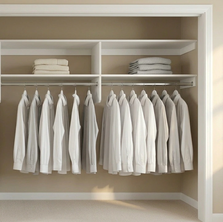 Reach-in closet with white melamine wood shelving showing a solid white panel shelf divided into two top cubbies above a chrome hanging rod, neatly hung white and light-grey button-up shirts on the chrome rod with folded cream and grey sweaters stacked in the upper cubbies, beige back wall and pale carpet floor below showing the custom-built finished look with no gaps or holes that reads as a higher-end closet system