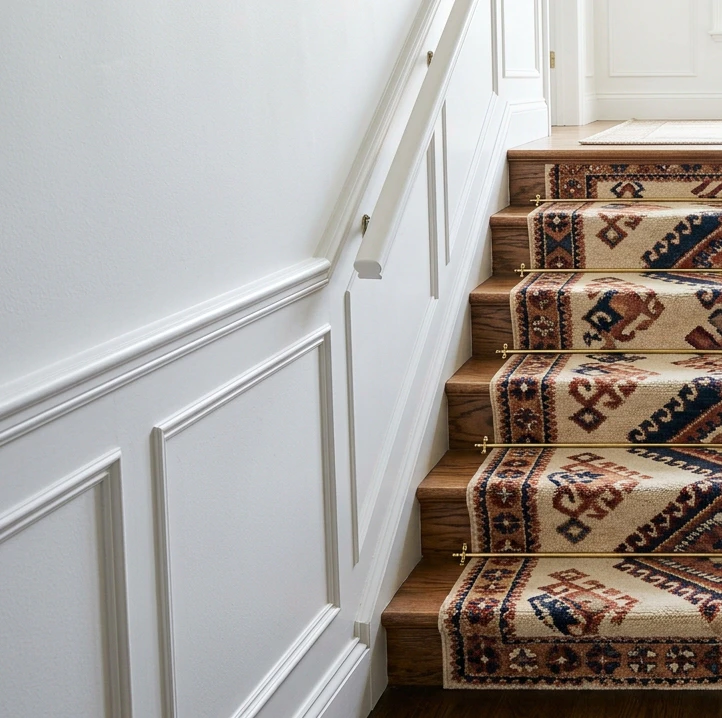 Stair runner with bohemian geometric pattern in cream rust and navy held in place with brass stair rods at each tread, brown wood stair treads visible at the edges, classic white wainscoting on the wall showing the design-magazine renter-safe stair upgrade
